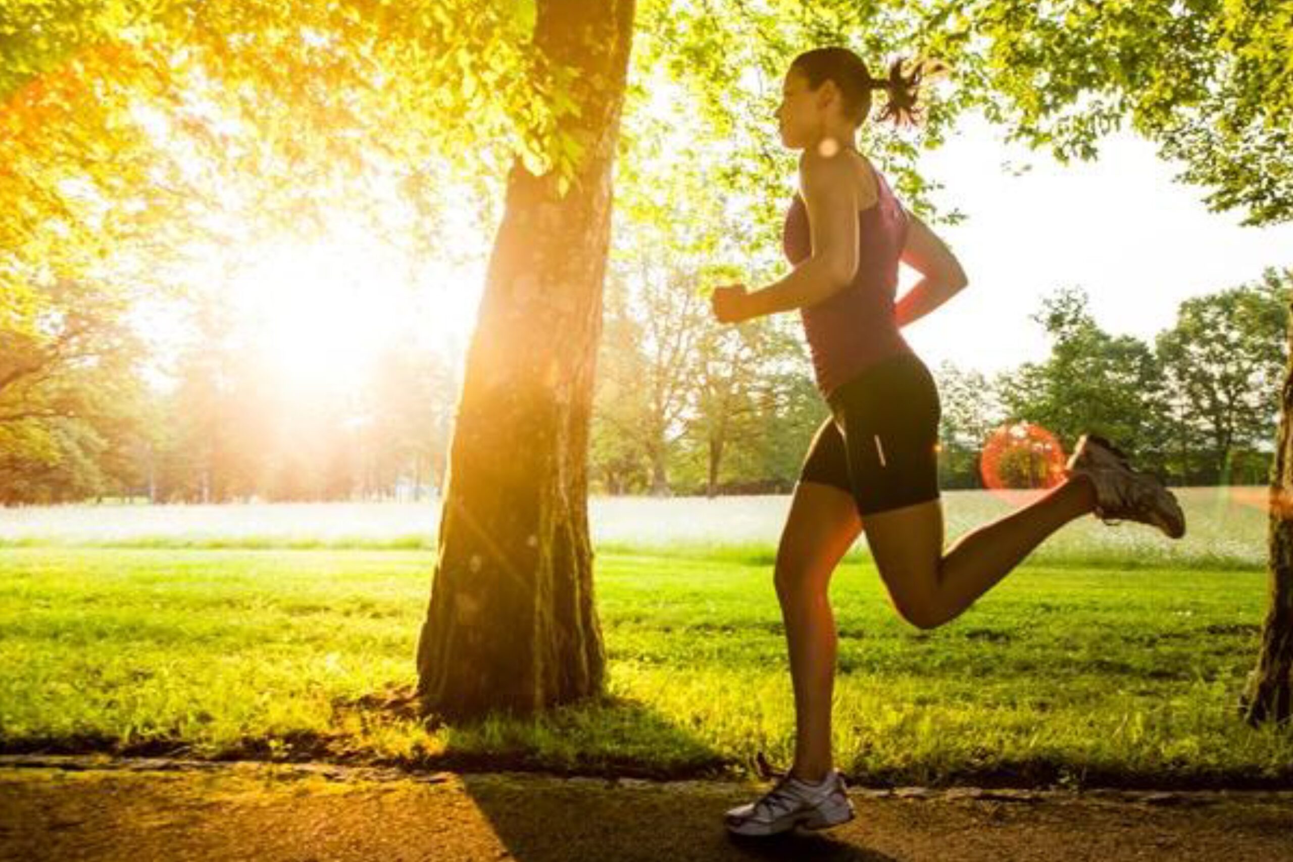 Woman running on a park trail during sunrise, outdoor fitness and healthy lifestyle exercise scene